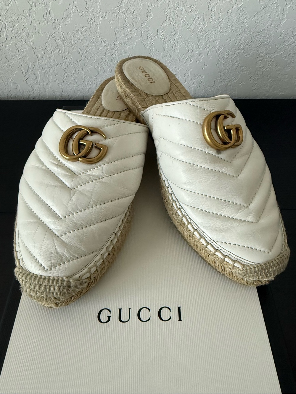 Gucci Marmont Nappa Charlotte Great White Leather Mule Espadrille Slip Ons
